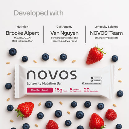 Novos Longevity Protein Bar | 15g Protein, 20 Superfoods, 5 Longevity Ingredients for Men & Women | Supports Skin, Mind & Mood | Mixed Berry Crunch (12-Pack)