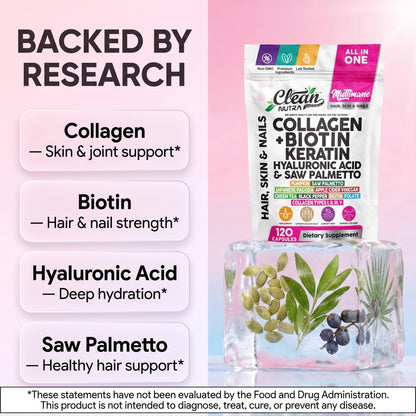 Clean Nutraceuticals Collagen Pills 1000mg Biotin 10000mcg Keratin Saw Palmetto Hyaluronic Acid - Hair Skin & Nails Vitamins & DHT Blocker with Vitamin E Folic Acid Pumpkin Seed MSM - 90 Count
