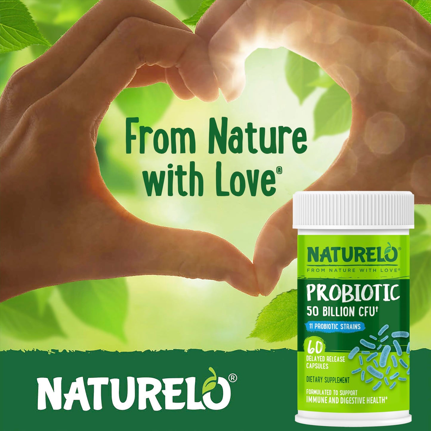 NATURELO Probiotics for Digestive Health, 50 Billion CFU, 60 Vegetarian Capsules, 11 Strains, Daily Use Supplement, Delayed Release, No-Fridge, Boosts Immune System, Probiotics for Women & Men