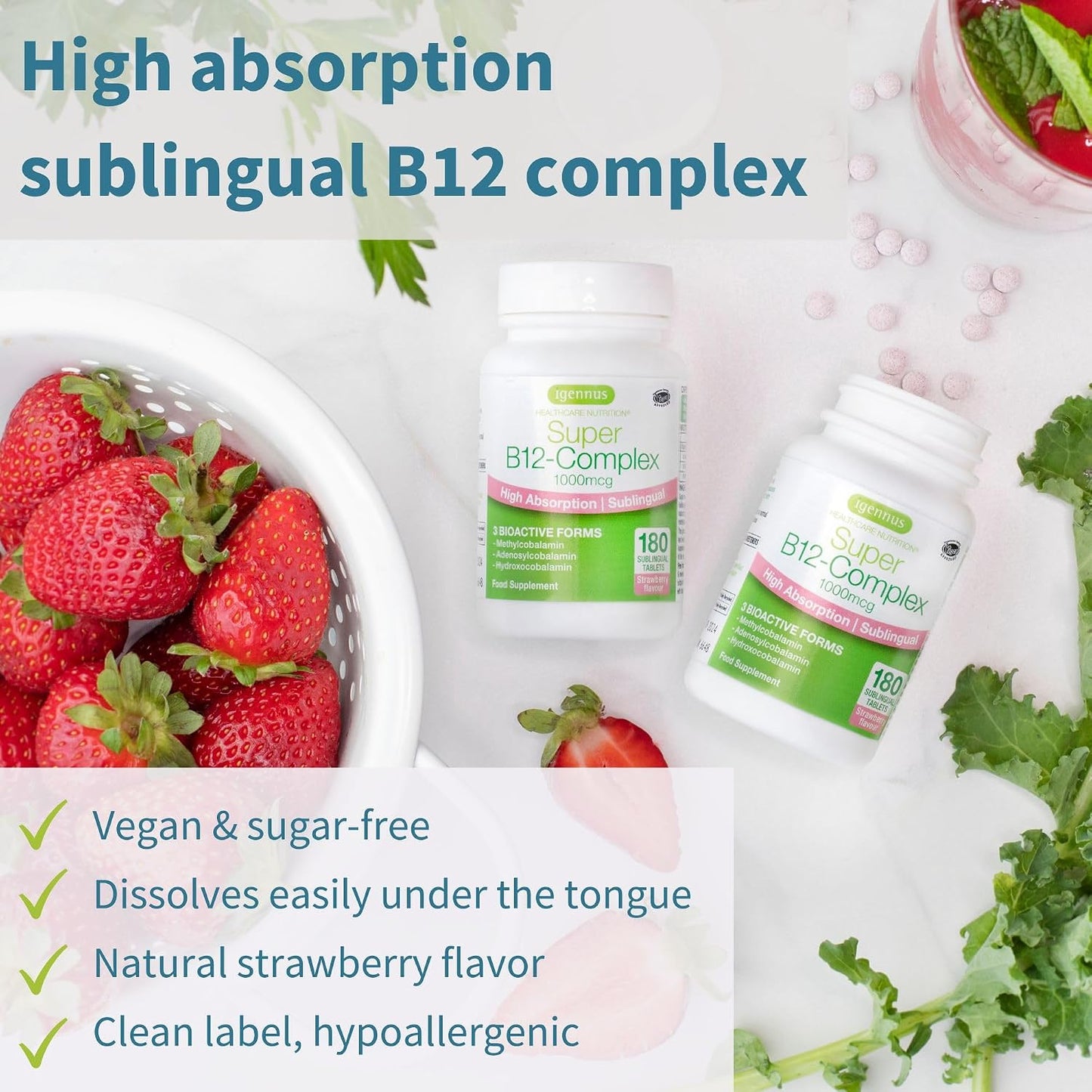 Triple Magnesium Complex + Super B12-Complex Energy Bundle, High Absorption Chelated Glycinate, Taurate & Citrate Magnesium + High Absorption Sublingual B12, Vegan, by Igennus