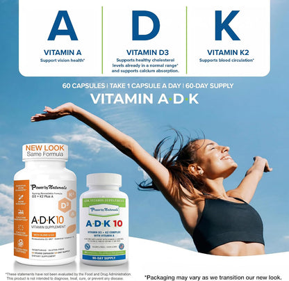 Power By Naturals ADK 10 Vitamin Supplement – Vitamins A, D3 & K2 MK-7 for Bone, Heart & Immune Health – Gluten-Free, Soy-Free – 90 Capsules (3-Month Supply)
