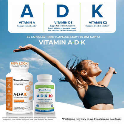 Power By Naturals ADK 10 Vitamin Supplement – Vitamins A, D3 & K2 MK-7 for Bone, Heart & Immune Health – Gluten-Free, Soy-Free – 90 Capsules (3-Month Supply)