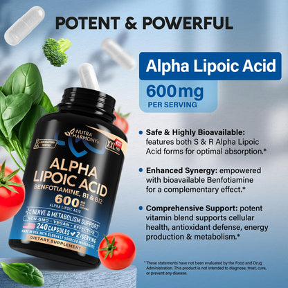 Alpha Lipoic Acid 600mg - ALA Supplement Antioxidant for Nerve, Energy & Metabolism Support - Extra Strength with Benfotiamine, B1 & B12 - Lab Tested, NON-GMO & Vegan - 120 Capsules, 2 Month Supply