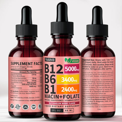NUSAVA (2 Pack) Vitamin B12 Liquid Drops with B6, B1, Niacin & Folate — B12 Sublingual Vitamin B Complex, Methylcobalamin 5000 mcg, for Energy, Brain & Heart Support, Raspberry Flavor, 80 Servings