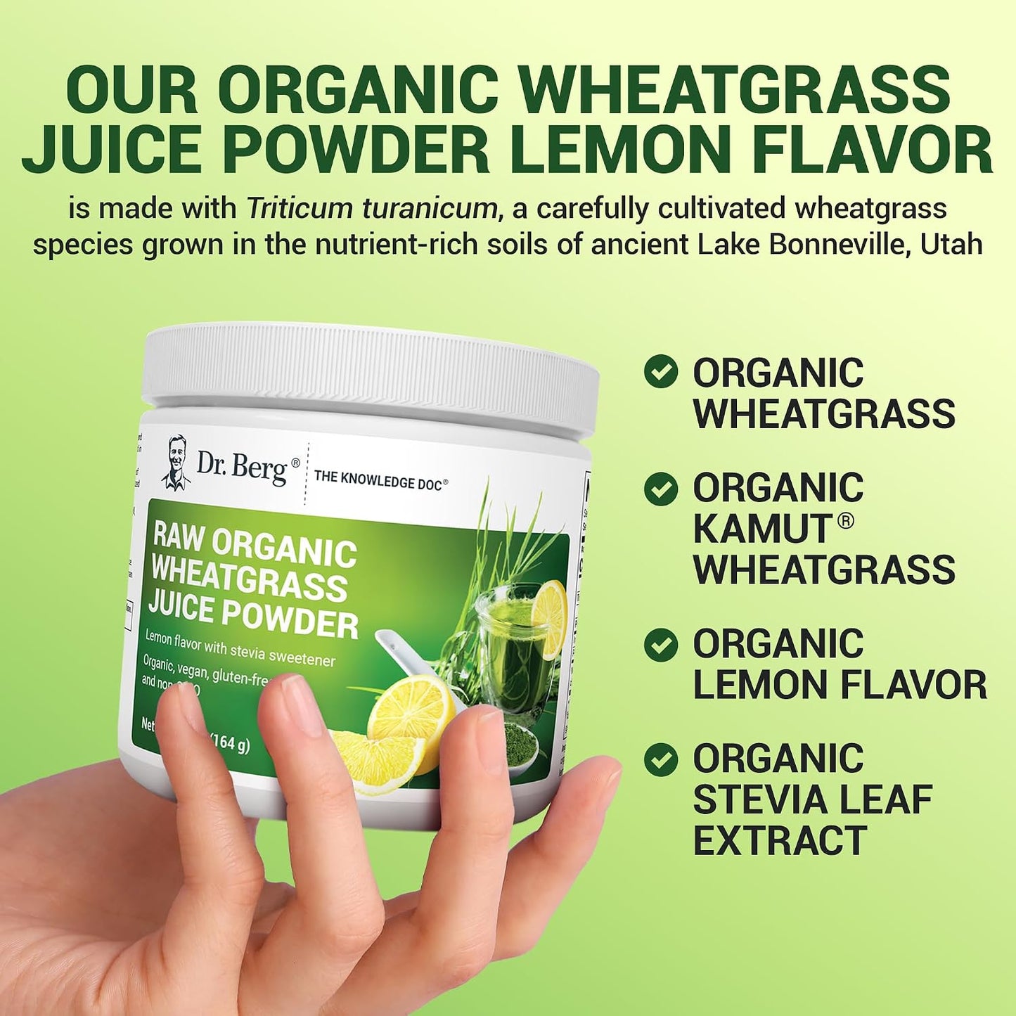 Dr. Berg USDA Certified Organic Green Powder Superfood (60 Servings) - Made with Raw Wheatgrass, Chlorophyll, Trace Minerals & Natural Enzymes - Non-GMO Green Superfood Powder - Lemon Flavor
