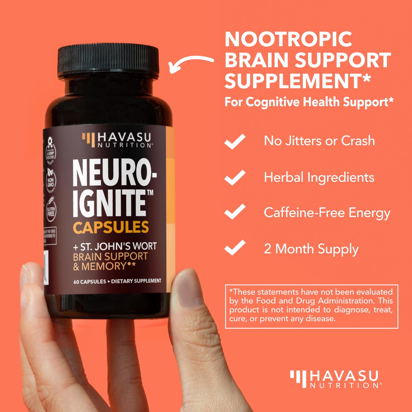 NeuroIGNITE Nootropic Brain Supplement for Memory and Focus, 30 Count | Vegan, Non-GMO Nootropic with Bacopa, Ginkgo Biloba, St. John's Wort for Cognitive Health and Mental Clarity, 30 Servings