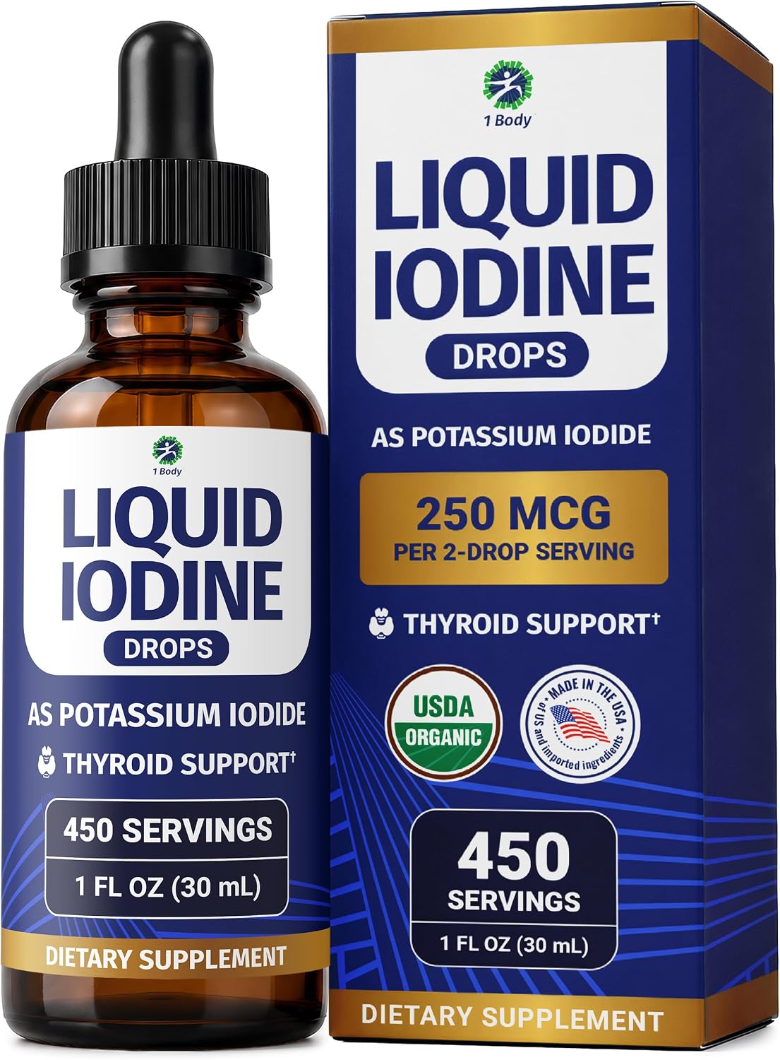 1 Body Liquid Iodine Drops, Potassium Iodide Supplement, 450 Servings