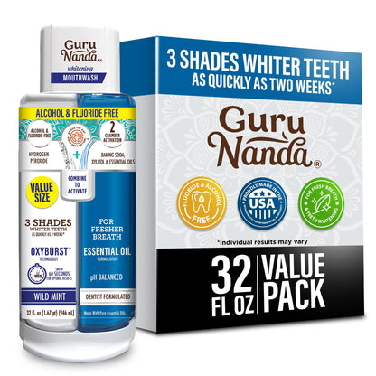 GuruNanda Teeth Whitening Dual Barrel Oxyburst Mouthwash - Alcohol & Fluoride Free, Hydrogen Peroxide to Promote Whiter Teeth - Wild Mint - 20 Fl Oz