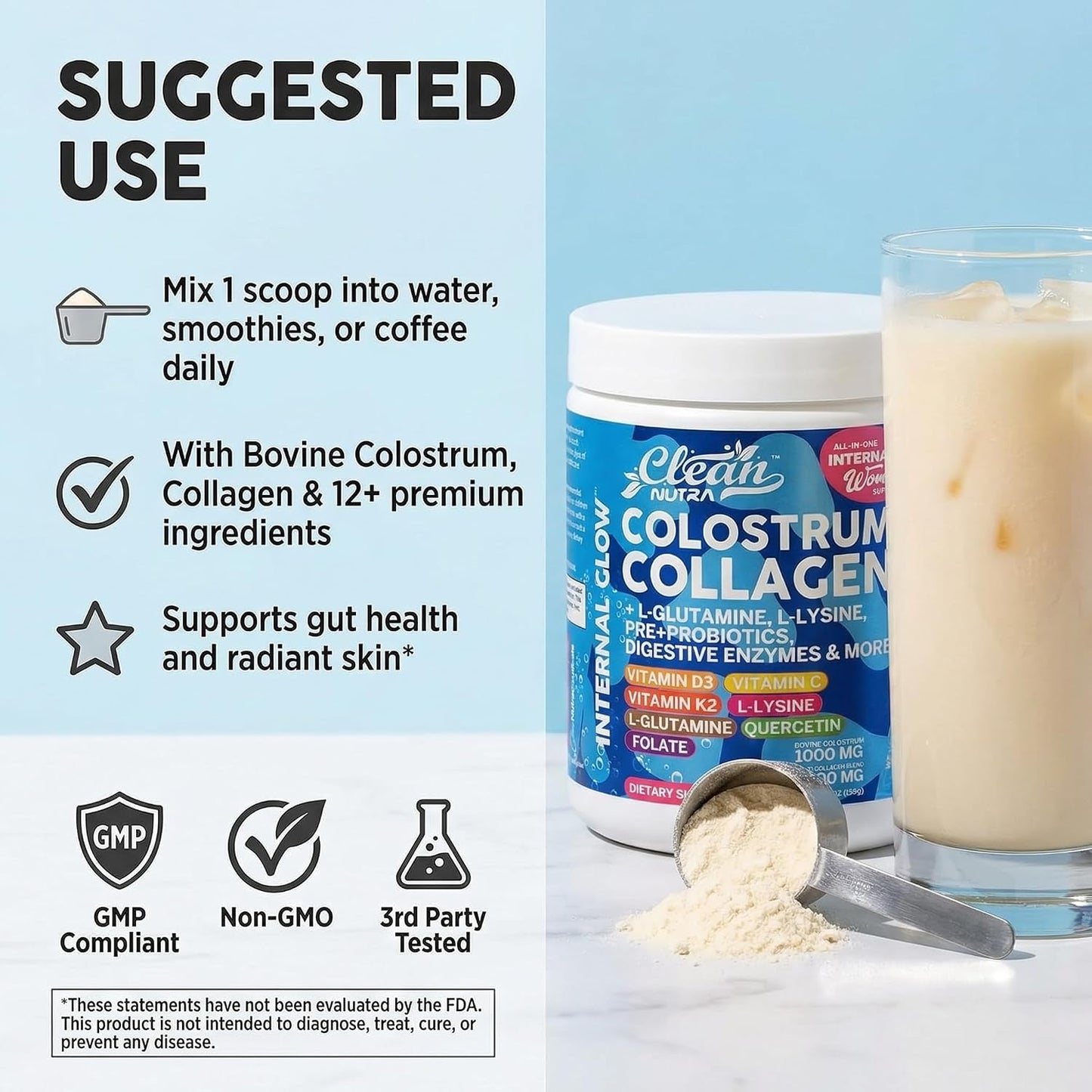 Bovine Colostrum Powder + Collagen Peptides with L-Glutamine L-Lysine Prebiotics Probiotics Digestive Enzymes Vitamin D K2 C Quercetin & Folate | Gut Health Supplement Internal Glow By Clean Nutra