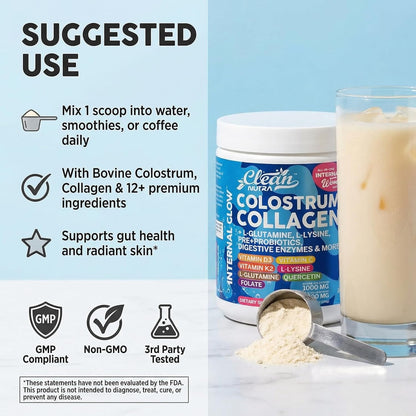 Bovine Colostrum Powder + Collagen Peptides with L-Glutamine L-Lysine Prebiotics Probiotics Digestive Enzymes Vitamin D K2 C Quercetin & Folate | Gut Health Supplement Internal Glow By Clean Nutra