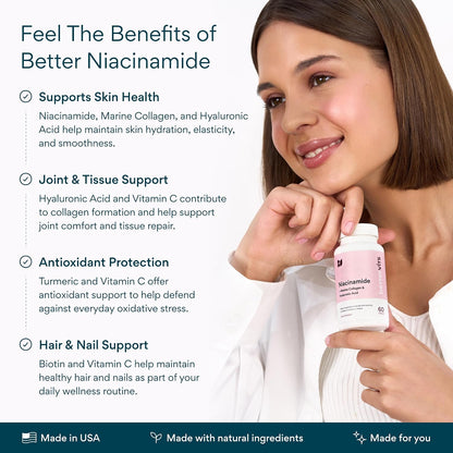 Bettervits Niacinamide Supplement with Vitamin B3, Marine Collagen & Hyaluronic Acid | High-Strength Vitamin B3 Capsules 300 mg. with Turmeric for Energy Metabolism & Skin Support - 60 Capsules