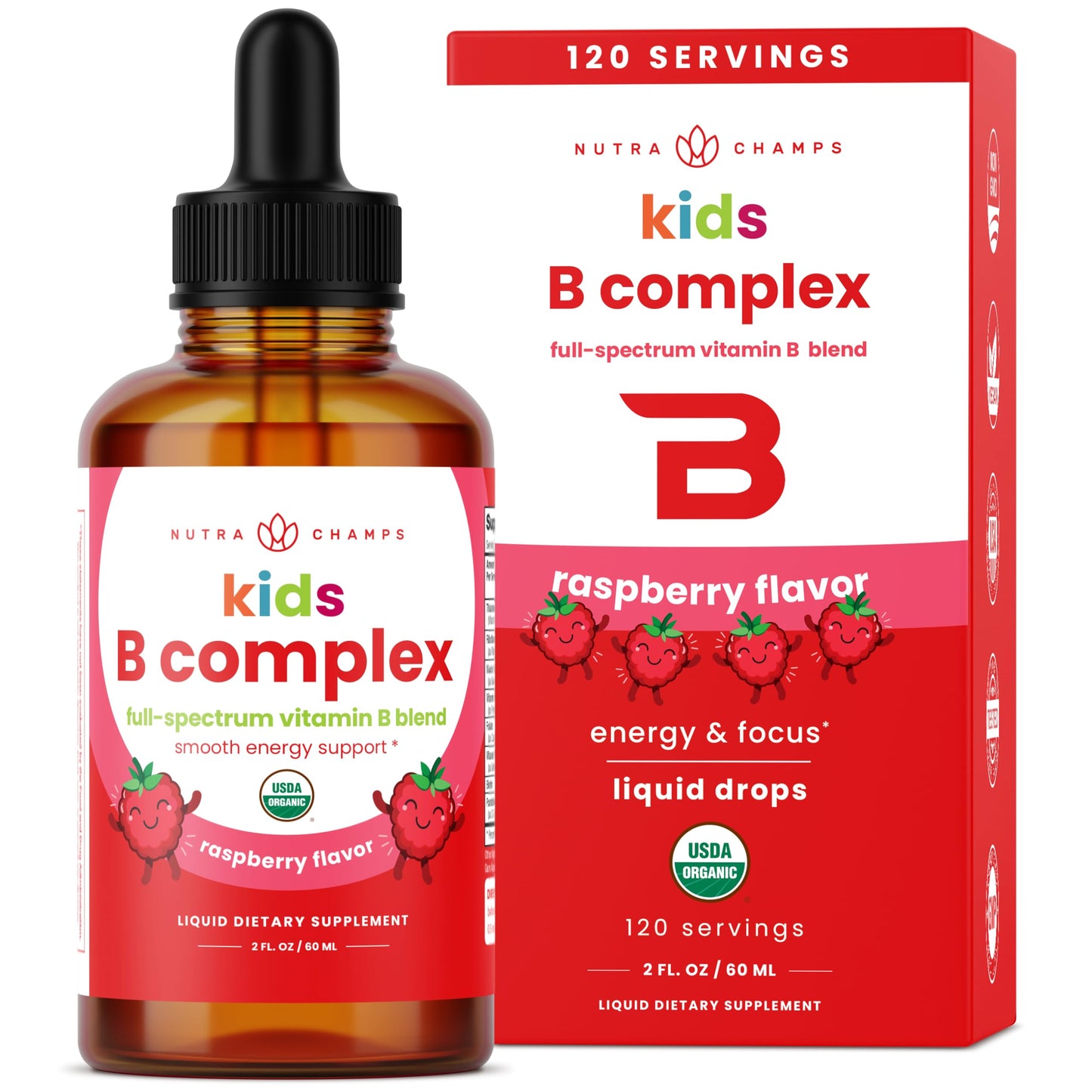 USDA Organic Vitamin B Complex Liquid Drops Sublingual B12 Methylcobalamin | B1, B2, B3, B5, B6, B7, B9 | Methylated B Vitamins Complex for Women & Men | Biotin, Niacinamide, Folate & Folic Acid, 2oz