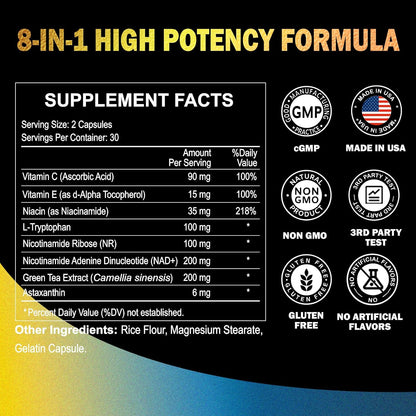 NAD+ Supplements 746mg, 8-in-1 NAD Plus Supplement for Women & Men, with Nicotinamide Riboside, Niacinamide & Astaxanthin, Supports Cellular Energy & Healthy Aging, 60 Capsules