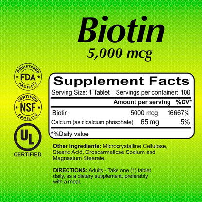 ALFA VITAMINS Biotin 5000 mcg High Potency Vitamin B7 Supplement for Daily Use – 100 Tablets 2 Pack