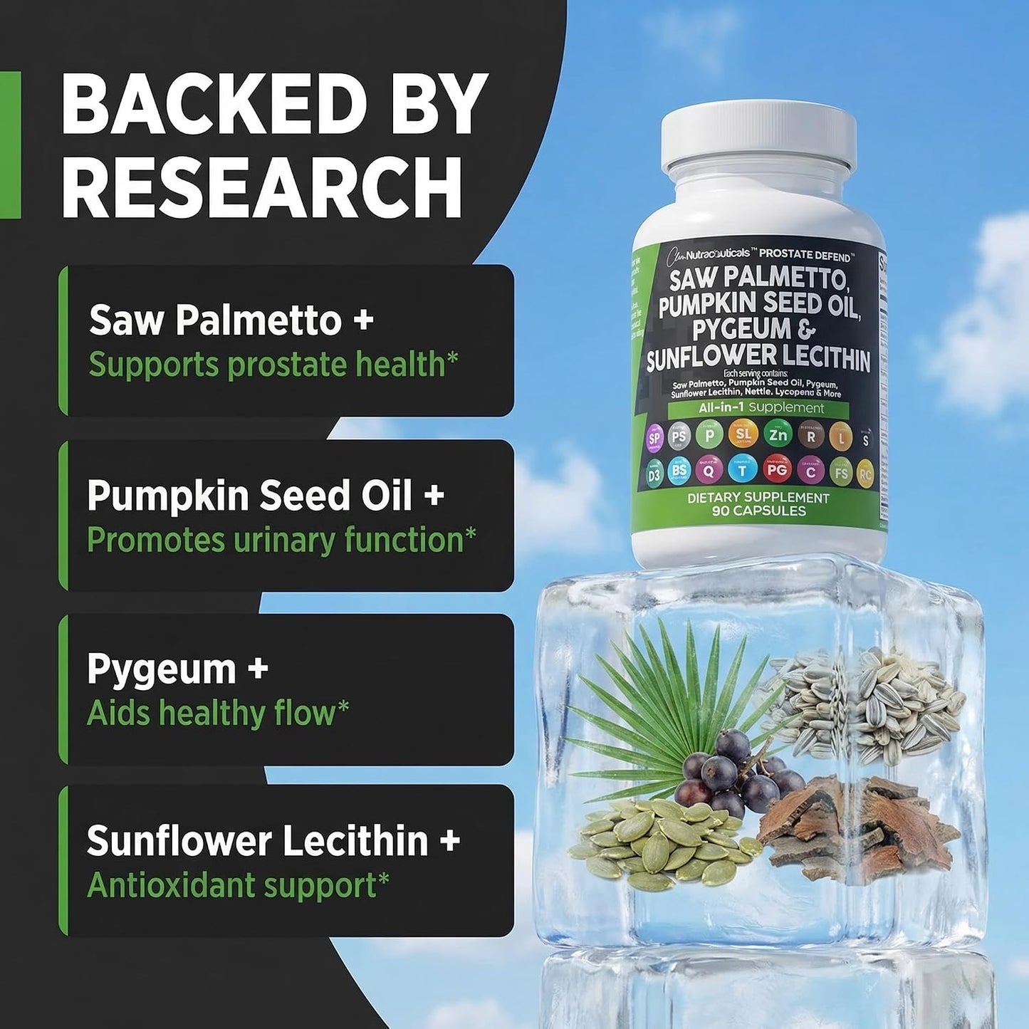 Clean Nutraceuticals Saw Palmetto Pumpkin Seed Oil Pygeum Sunflower Lecithin Stinging Nettle Cranberry - Prostate Supplements for Men with Lycopene - 90 Caps