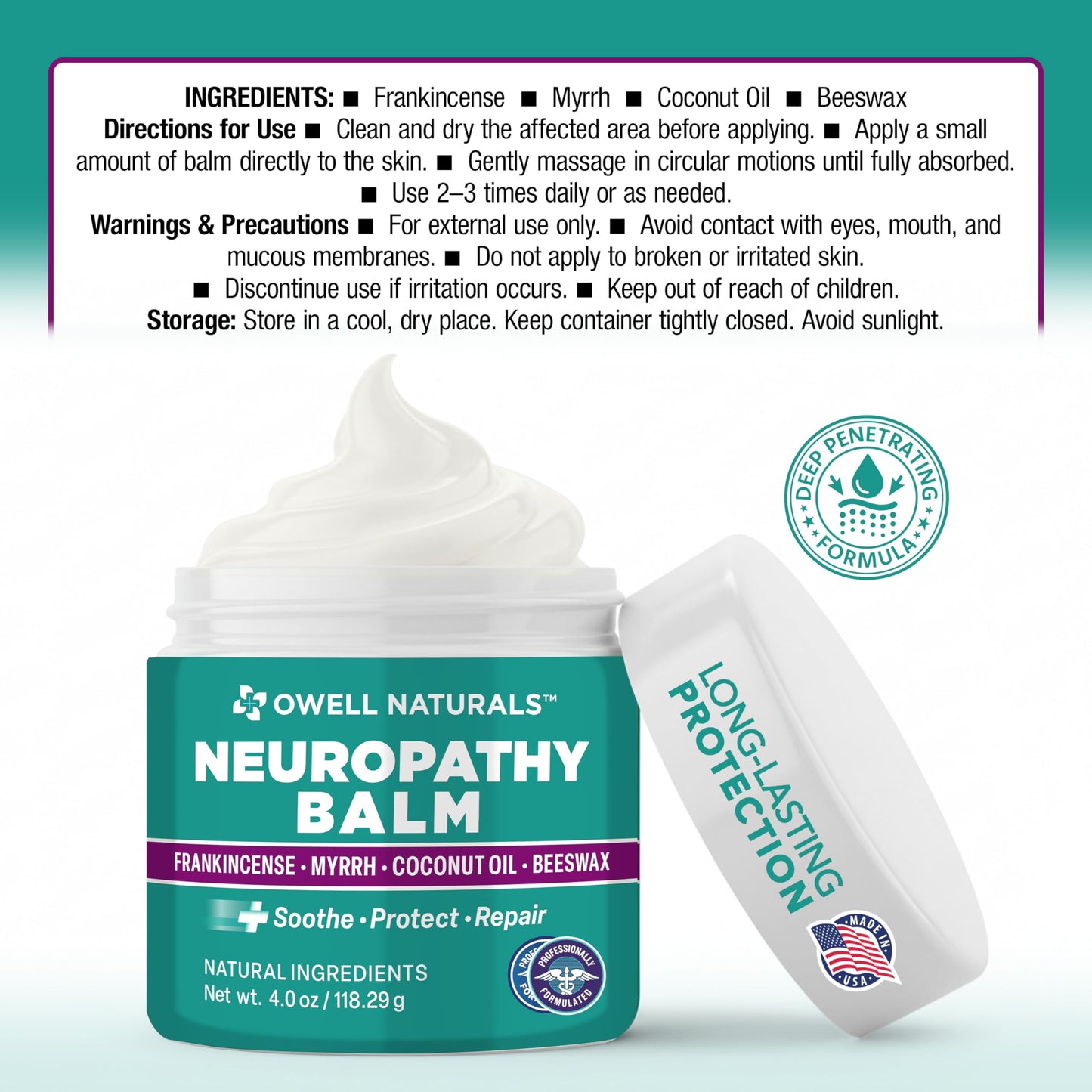 Owell Naturals Neuropathy Cream Extra Strength – Fast Absorbing Cooling for Leg, Feet & Hands – Advanced Soothing Formula with Aloe Vera, Arnica, MSM & Vitamin B6 – Made in USA, 2 fl oz