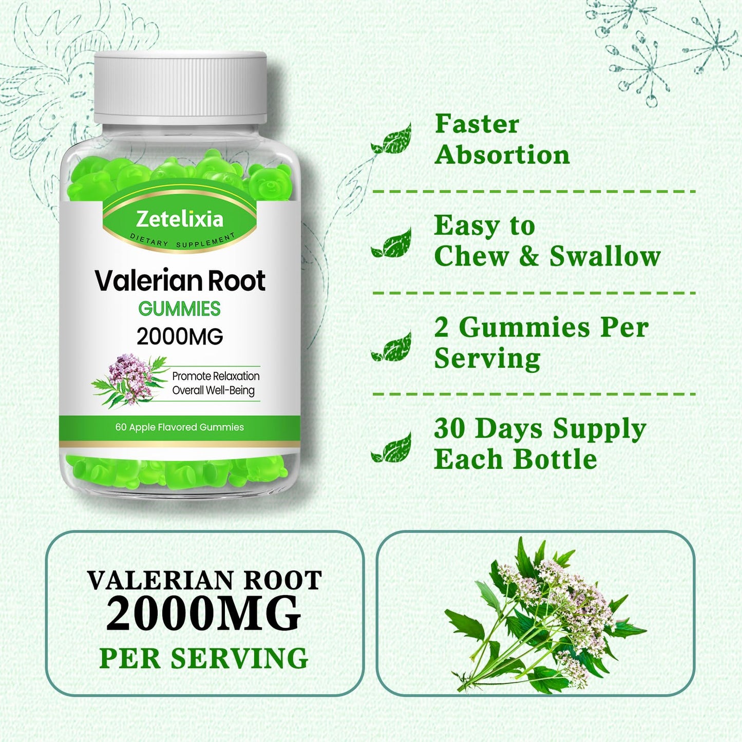2 Pack Organic Valerian Root Gummies, Herbal Supplement for Relaxation & Mood Support, Sleep Gummies Without Melatonin for Adults, Vegan, Non-GMO, Apple Flavor, 120 Count