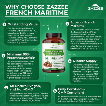 Zazzee Extra Strength French Maritime Pine Bark Extract 20:1, 350 mg Per Capsule, 95% Proanthocyanidins, 180 Vegan Capsules, 6 Month Supply, Certified Kosher, Antioxidant Support, Non-GMO, Made in USA