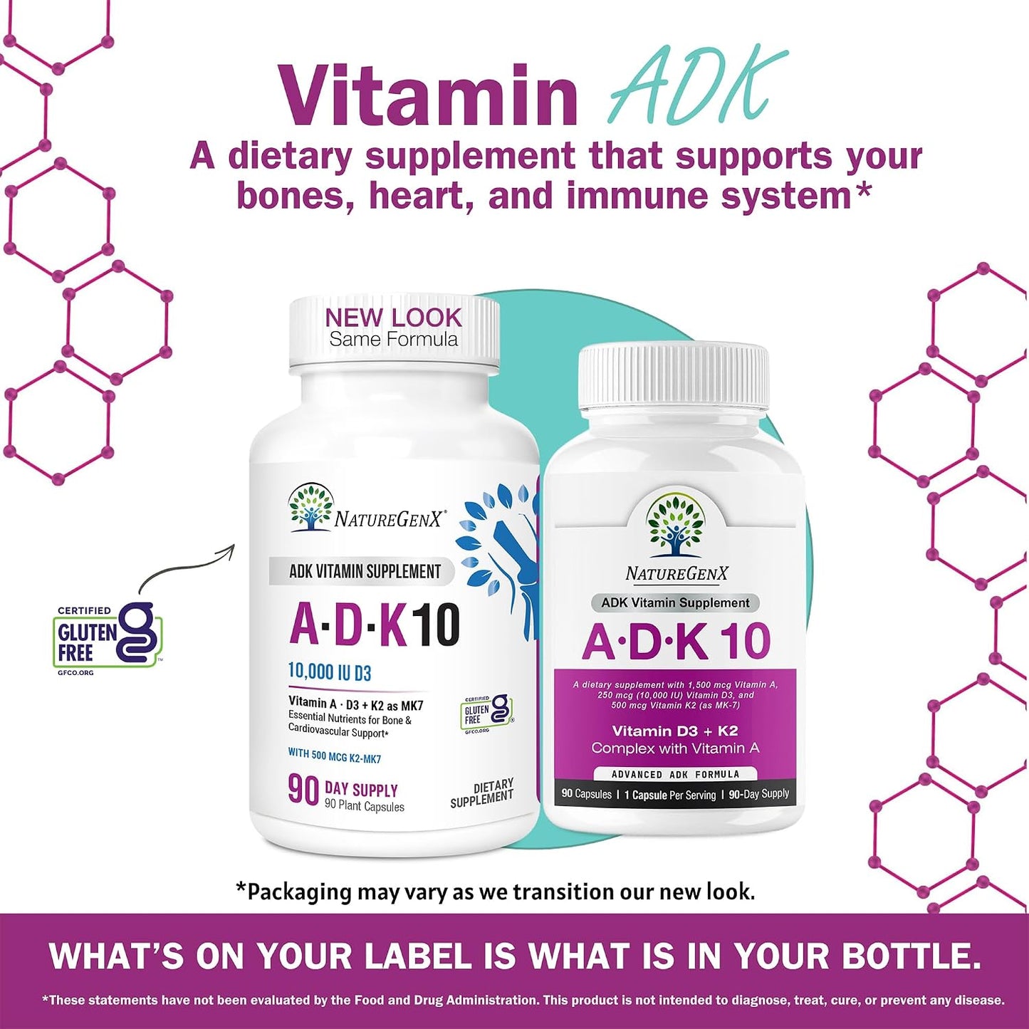 NatureGenX ADK10 – Vitamins A, D3 250 mcg & K2 MK-7 for Bone, Heart & Immune Health – Non-GMO, Gluten-Free, Soy-Free – 90 Capsules (3-Month Supply) | For Bone, Heart & Immune Health - Non-GMO, Gluten-Free, Soy-Free - 90 Capsules (3-Month Supply)