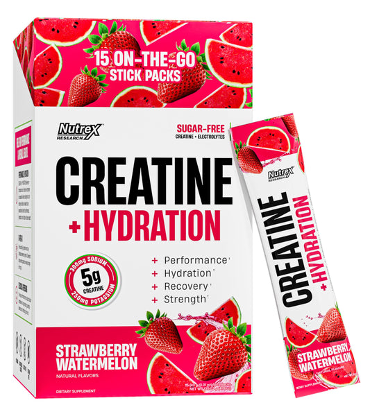Nutrex Research Essentials Creatine + Hydration Stick Packs, 5g Creatine + Electrolytes, Sugar Free, Gluten Free, Strawberry Watermelon, 15 On-The-Go Stick Packs