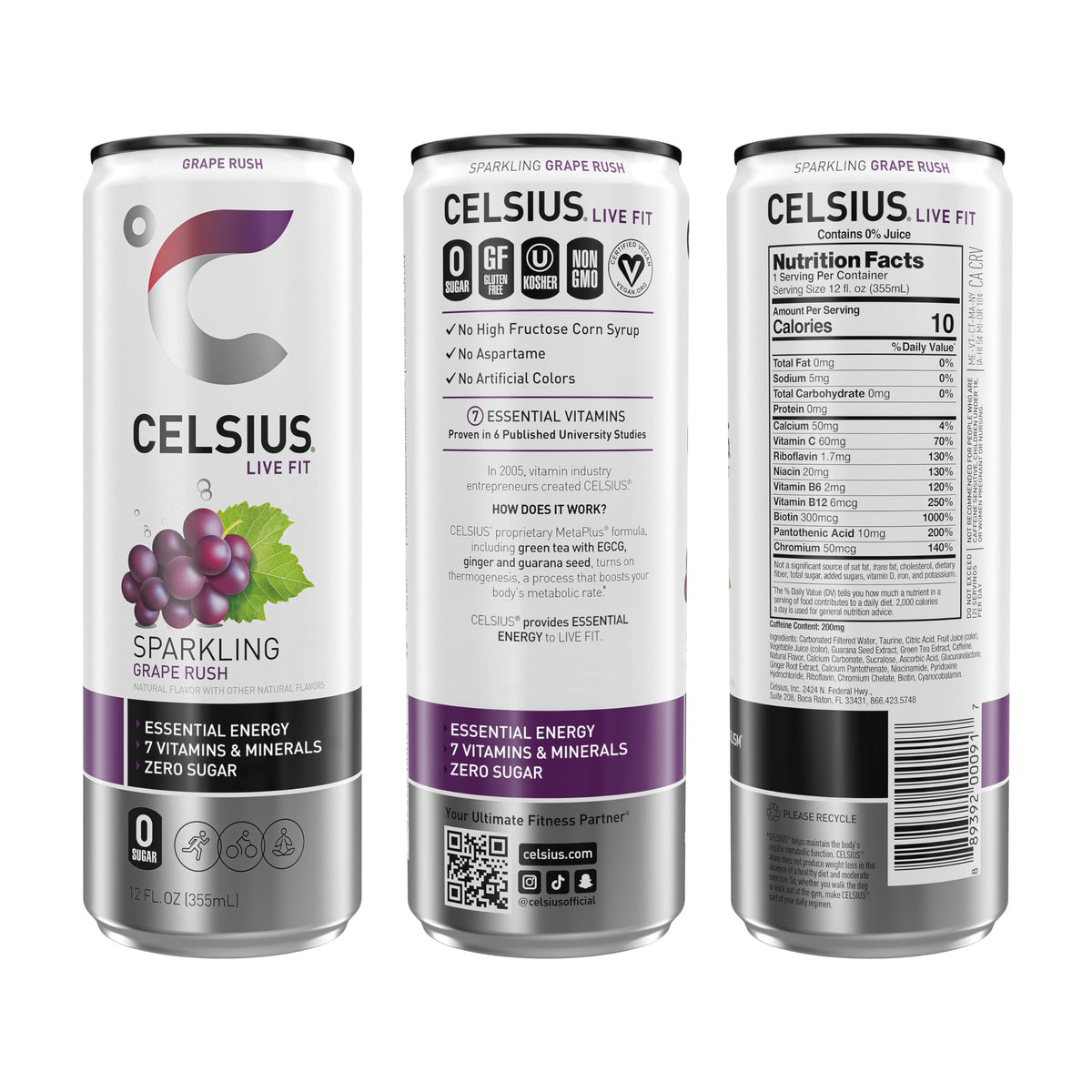 CELSIUS Sparkling Grape Rush, Functional Essential Energy Drink 12 Fl Oz (Pack of 12)