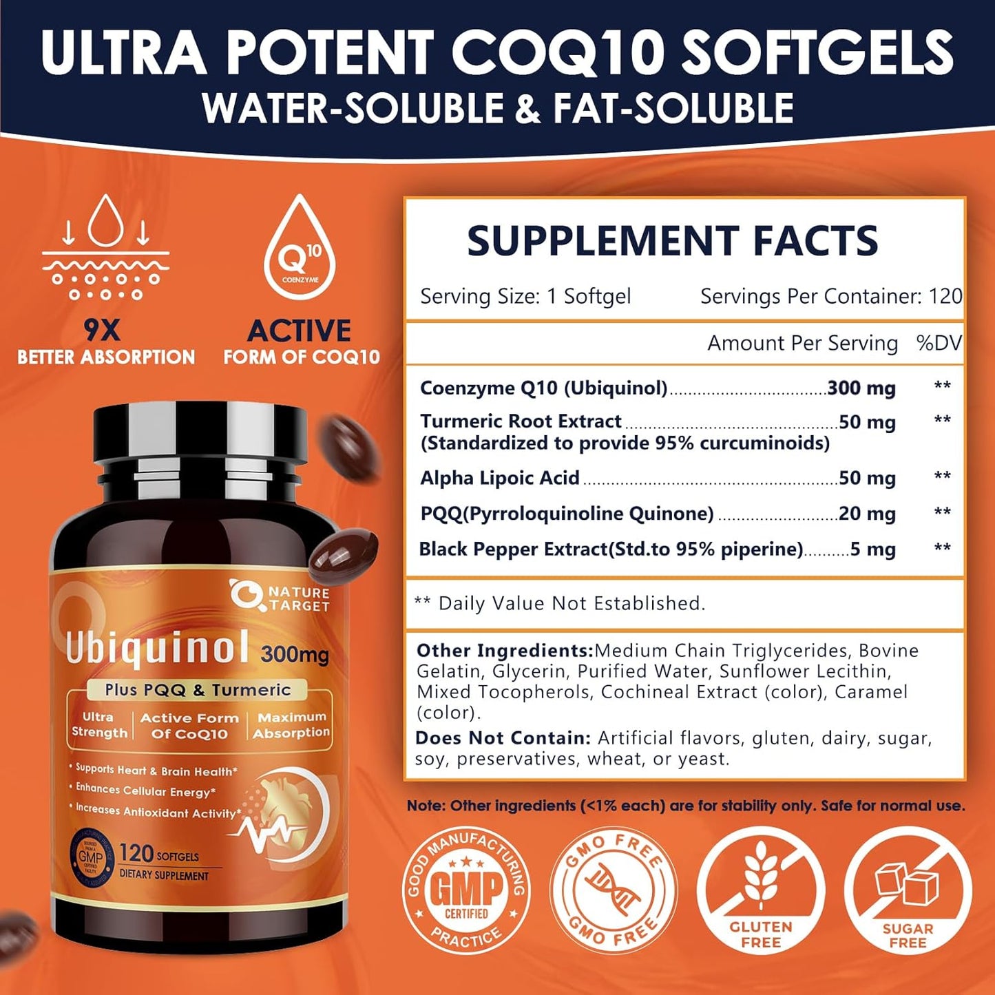 NATURE TARGET Ubiquinol CoQ10 300mg with PQQ & Turmeric, 120 Count | High Absorption Coenzyme Q10 with ALA & Black Pepper, Supports Antioxidant for Brain Health, Energy Production