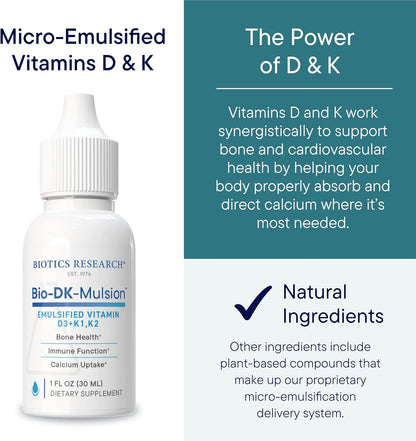 BIOTICS RESEARCH Bio-DK-Mulsion™–Emulsified Liquid Vitamin D and K, D3 Drops 125 mcg & Vitamin K (K1, K2) 300 mcg MK-7–Supports Stronger Bones, Musculoskeletal Strength, Healthy Heart & BMI 1 fl oz