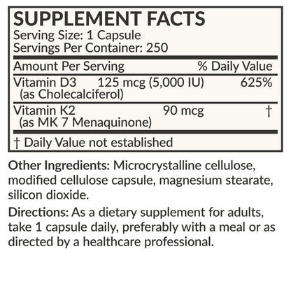 Futurebiotics Vitamin K2 (MK7) with D3 Supplement - Non-GMO Formula - 5000 IU Vitamin D3 & 90 mcg Vitamin K2 MK-7, 120 Vegetarian Capsules