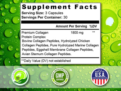 Collagen Peptide Pill - Types I, II, III, V, X - Anti-Aging - Premium Collagen Supplements & Collagen Pills - Hydrolyzed Protein Pills for Women & Men 1800 mg for Youthful Skin