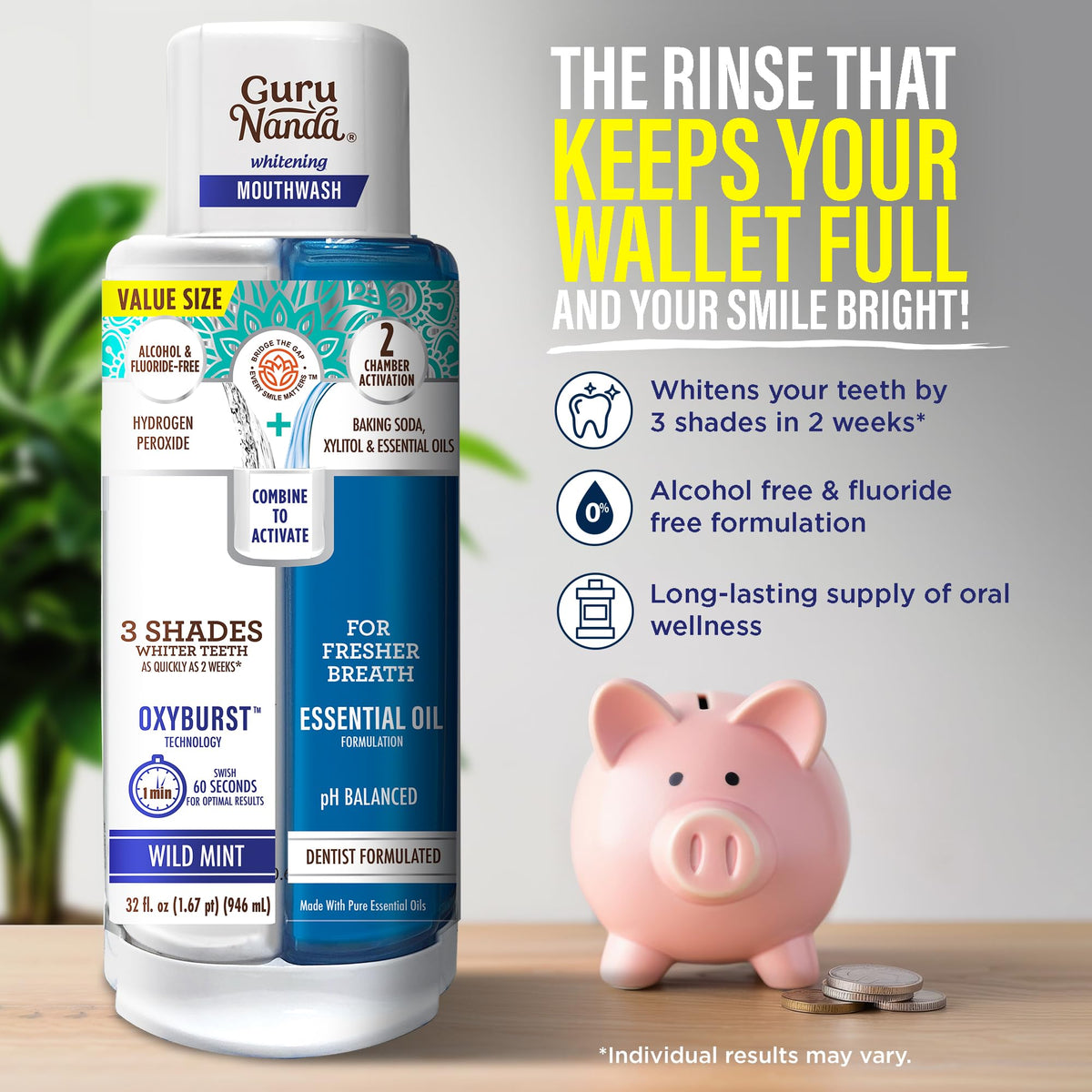 GuruNanda Teeth Whitening Dual Barrel Oxyburst Mouthwash - Alcohol & Fluoride Free, Hydrogen Peroxide to Promote Whiter Teeth - Wild Mint - 20 Fl Oz