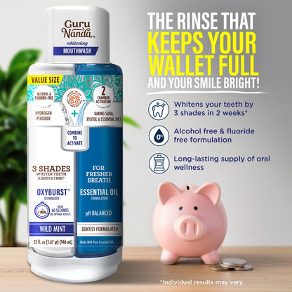 GuruNanda Teeth Whitening Dual Barrel Oxyburst Mouthwash - Alcohol & Fluoride Free, Hydrogen Peroxide to Promote Whiter Teeth - Wild Mint - 20 Fl Oz