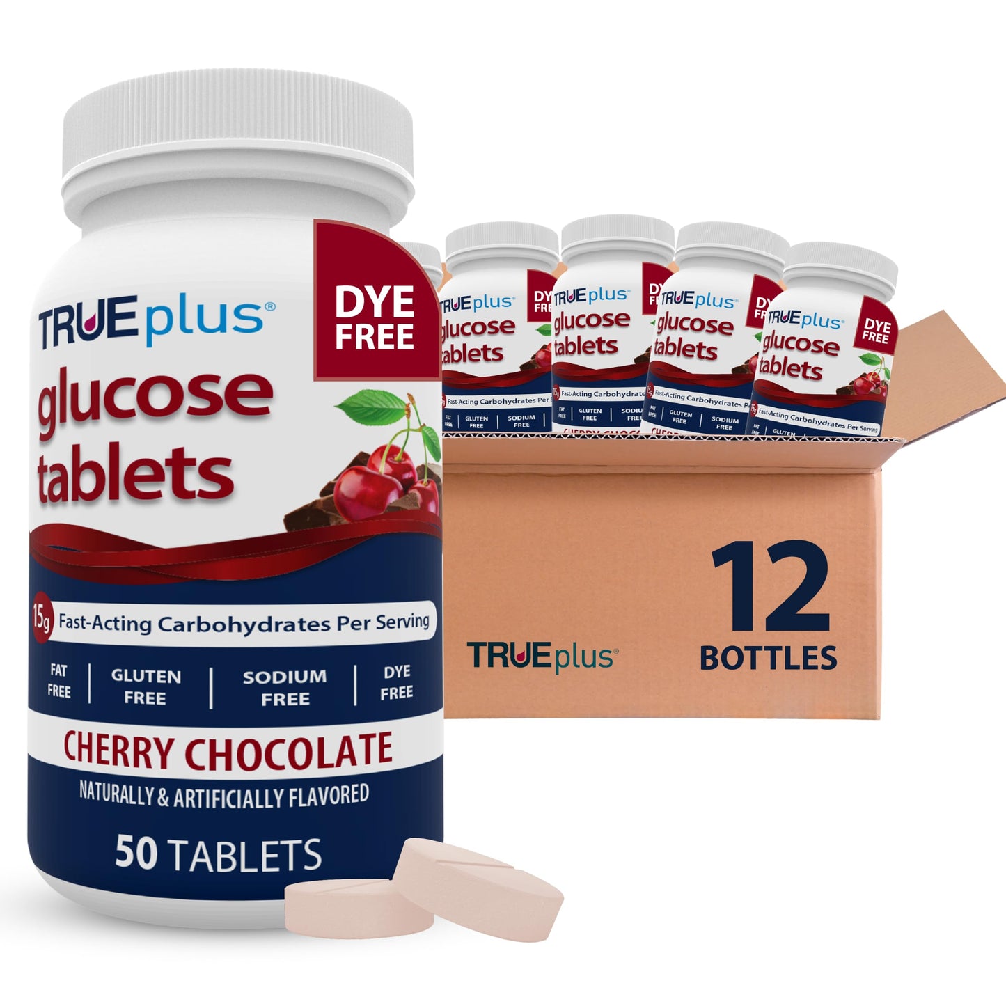TRUEplus Glucose Tablets, Grape, Raspberry, Orange Flavors, 50 Count | Chewable Tablets, 15g Fast-Acting Carbohydrates, Fat Free, Gluten Free, Boosts Energy, Great Tasting and Easy to Use