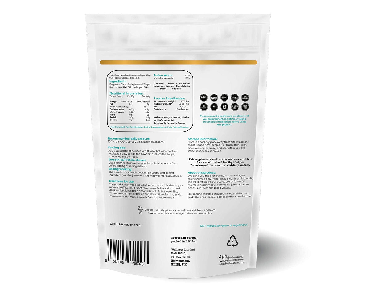 Cleanest Marine Collagen Peptides | Wellness Lab 454g | Type I,III | Highest Bioavailability Hydrolysed Protein