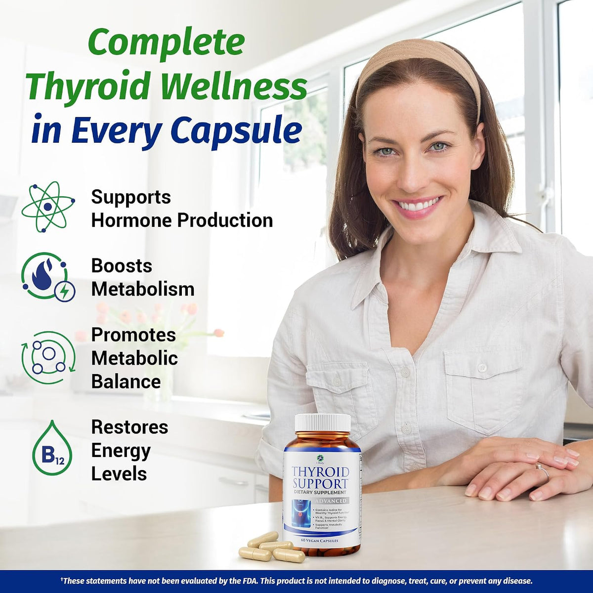 1 Body Thyroid Support Supplement + 60 Billion Probiotics for Men & Women