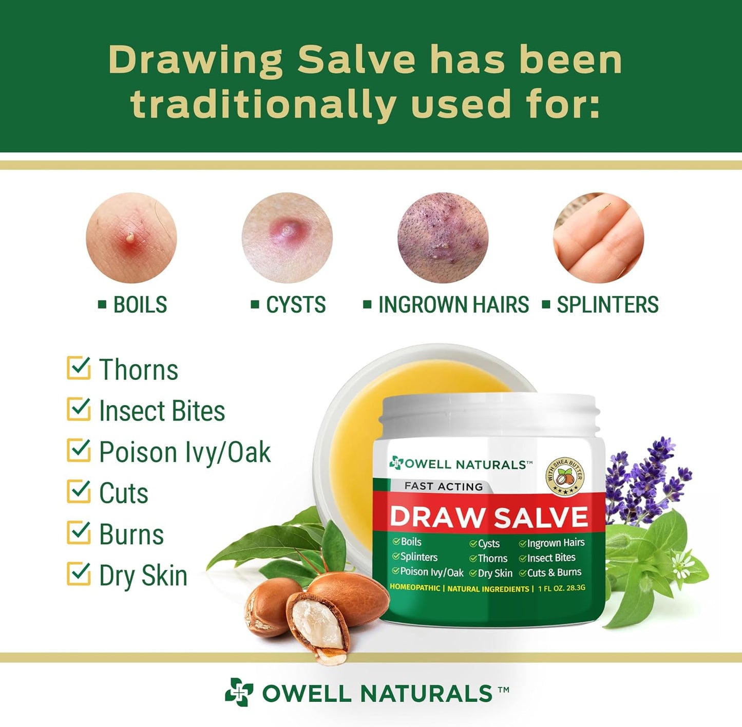 Owell Naturals Drawing Salve Ointment with Pure Shea Butter, for ingrown Hair, Boil, Splinter Remover, Bug Spider Bites, Bee Sting, Mosquito Itch, Poison Ivy, Burns & Cuts,1 Fl Oz (Pack of 1)