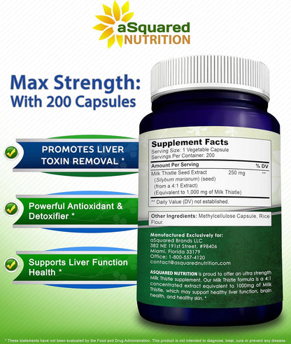 Milk Thistle Supplement - 200 Capsules - Silymarin Extract for Liver Detox | 4X Concentrated Extract - 4:1 Milk Thistle Seed Powder Herb Pills - Support Liver Cleanse - 250mg Per Capsule