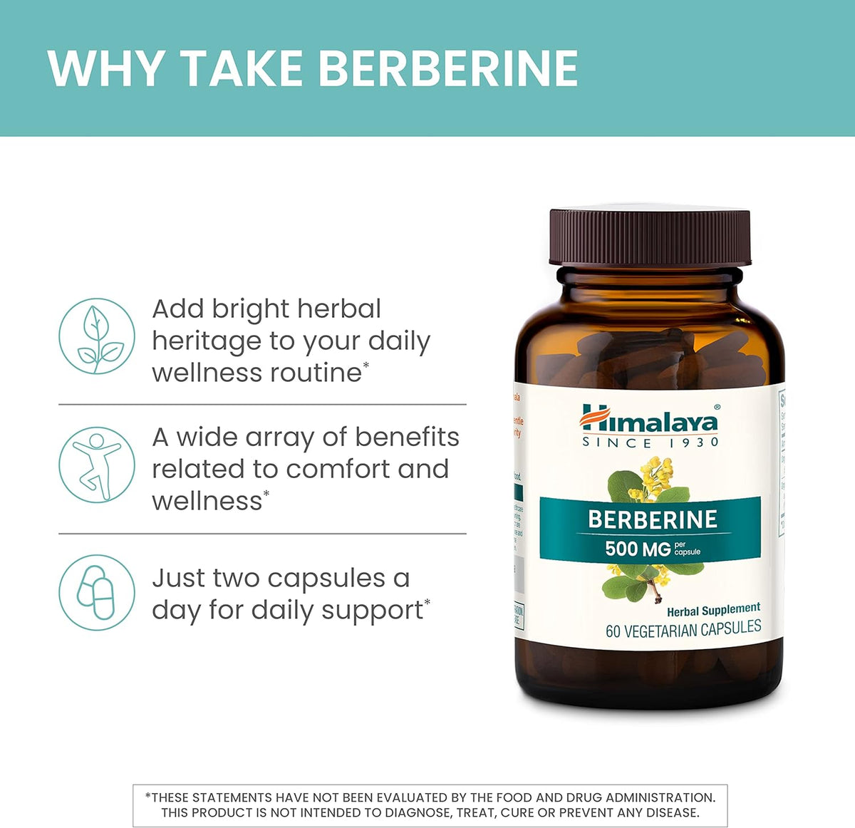 Himalaya Berberine Supplement, Berberine HCL 1000 mg per Serving, Herbal Supplement for Supporting Normal Metabolism, Immune, and Digestive Health - Vegan, Gluten Free, 60 Vegetarian Capsules