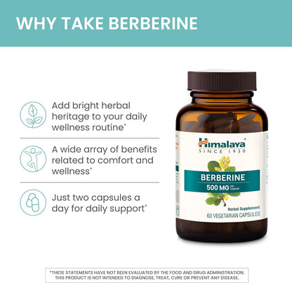 Himalaya Berberine Supplement, Berberine HCL 1000 mg per Serving, Herbal Supplement for Supporting Normal Metabolism, Immune, and Digestive Health - Vegan, Gluten Free, 60 Vegetarian Capsules
