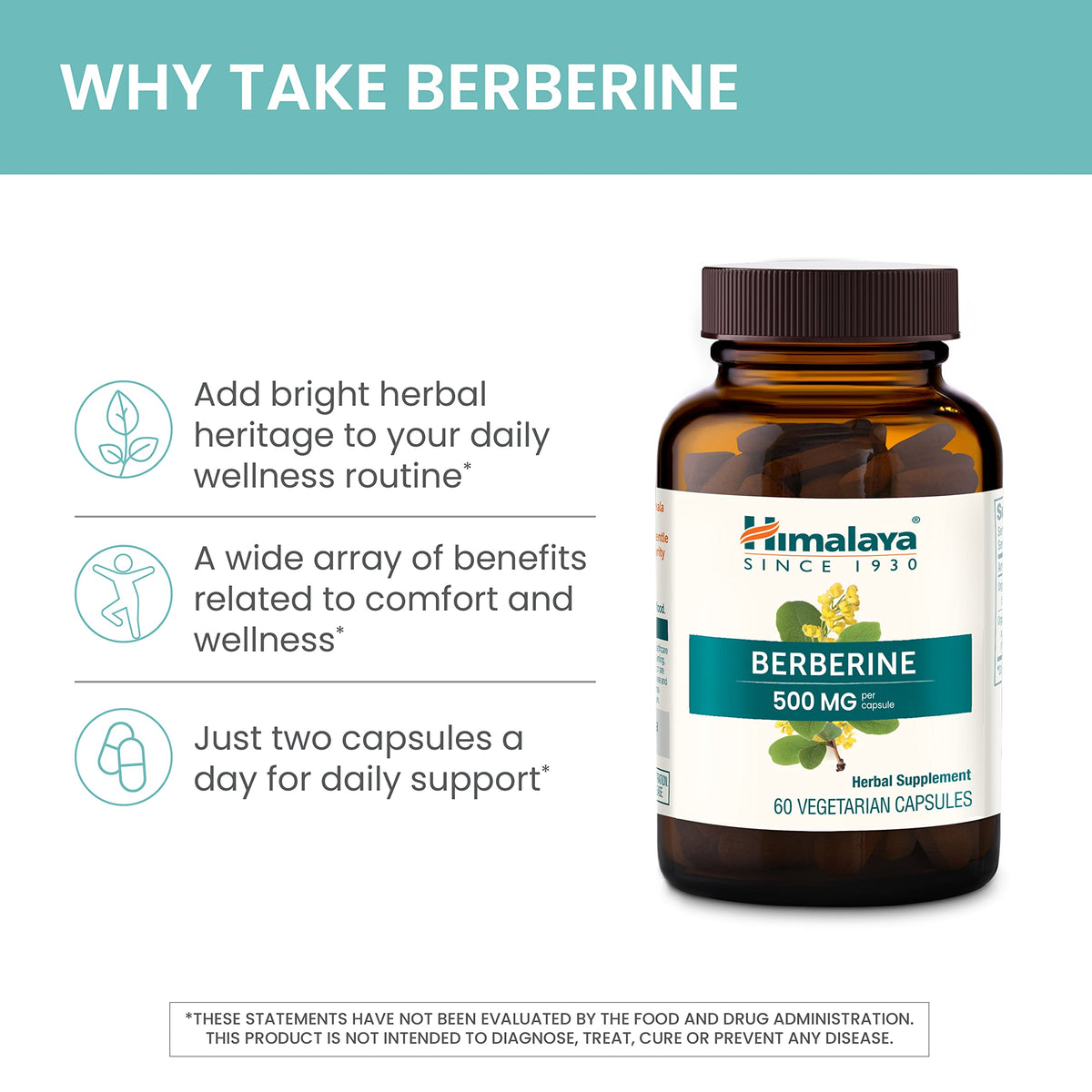 Himalaya Berberine Supplement, Berberine HCL 1000 mg per Serving, Herbal Supplement for Supporting Normal Metabolism, Immune, and Digestive Health - Vegan, Gluten Free, 60 Vegetarian Capsules
