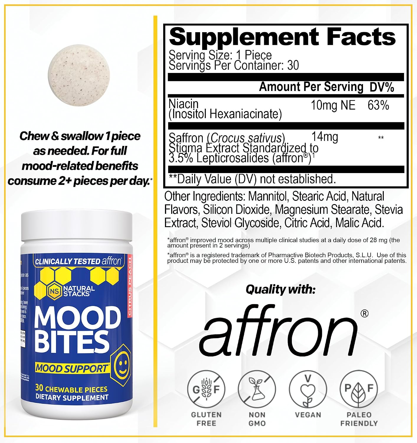 Saffron Mood Support Bites With Vitamin B3, Citrus Peach, 30 Chewables | 14mg Affron saffron extract and 62mg niacin support a positive outlook and everyday stress management.