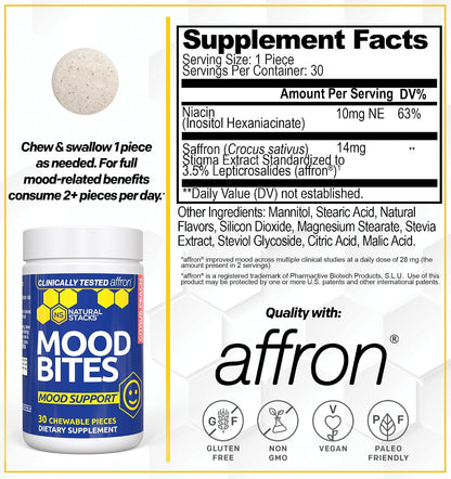 Saffron Mood Support Bites With Vitamin B3, Citrus Peach, 30 Chewables | 14mg Affron saffron extract and 62mg niacin support a positive outlook and everyday stress management.