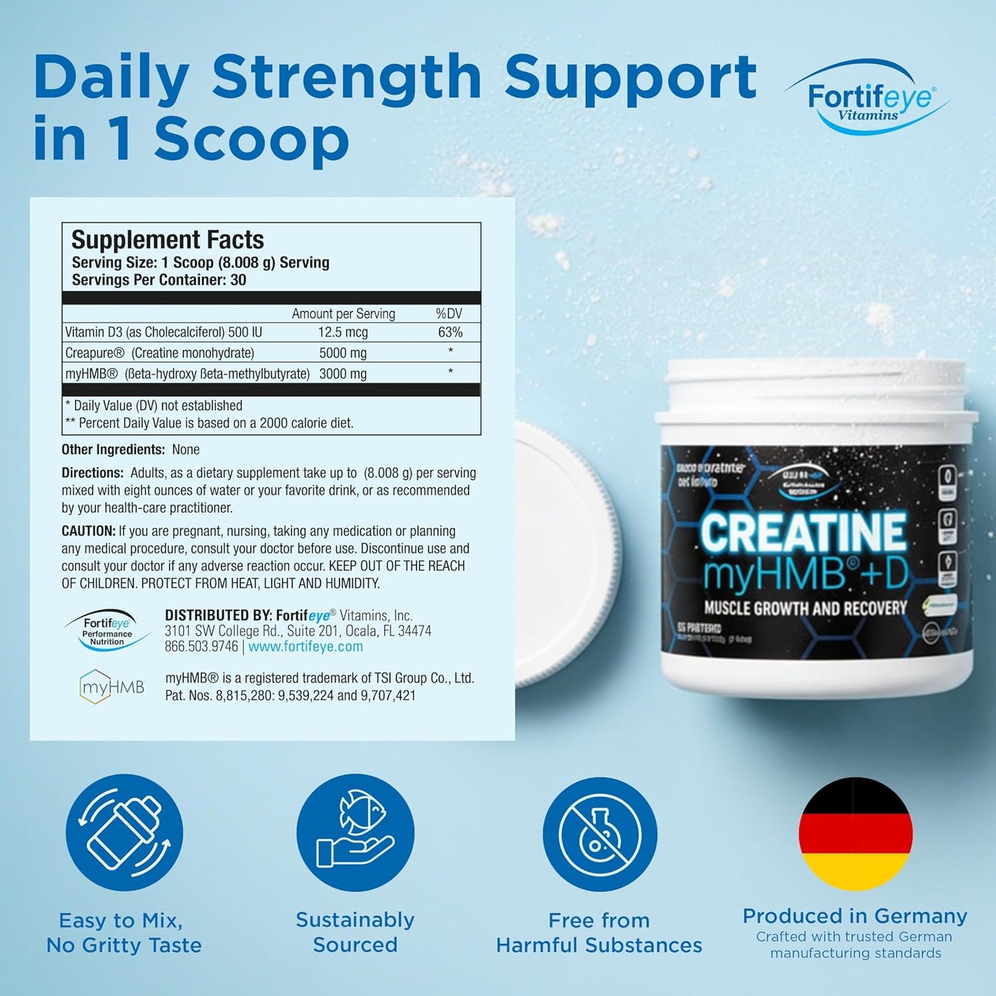 Fortifeye Creatine Monohydrate Powder 30 Servings, Creapure Supplement with myHMB 3000mg and Vitamin D 12.5mcg, 5g Pure Formula for Daily Strength Training, Muscle Support and Performance for Adults