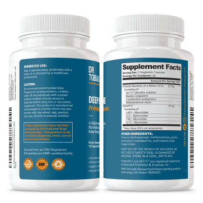 Dr. Tobias Deep Immune Probiotic + Prebiotic 60 Capsules | Gut Health | Dual Action Gut & Immune Support | DE111 Spore Forming Probiotics + PreforPro | Targeted Release | Shelf Stable | 30 Servings