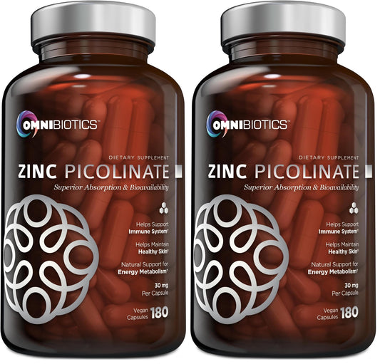OmniBiotics Zinc Picolinate 30mg Supplement – High Absorption Zinc for Immune System, Healthy Skin, and Energy Support – 180 Vegan Capsules