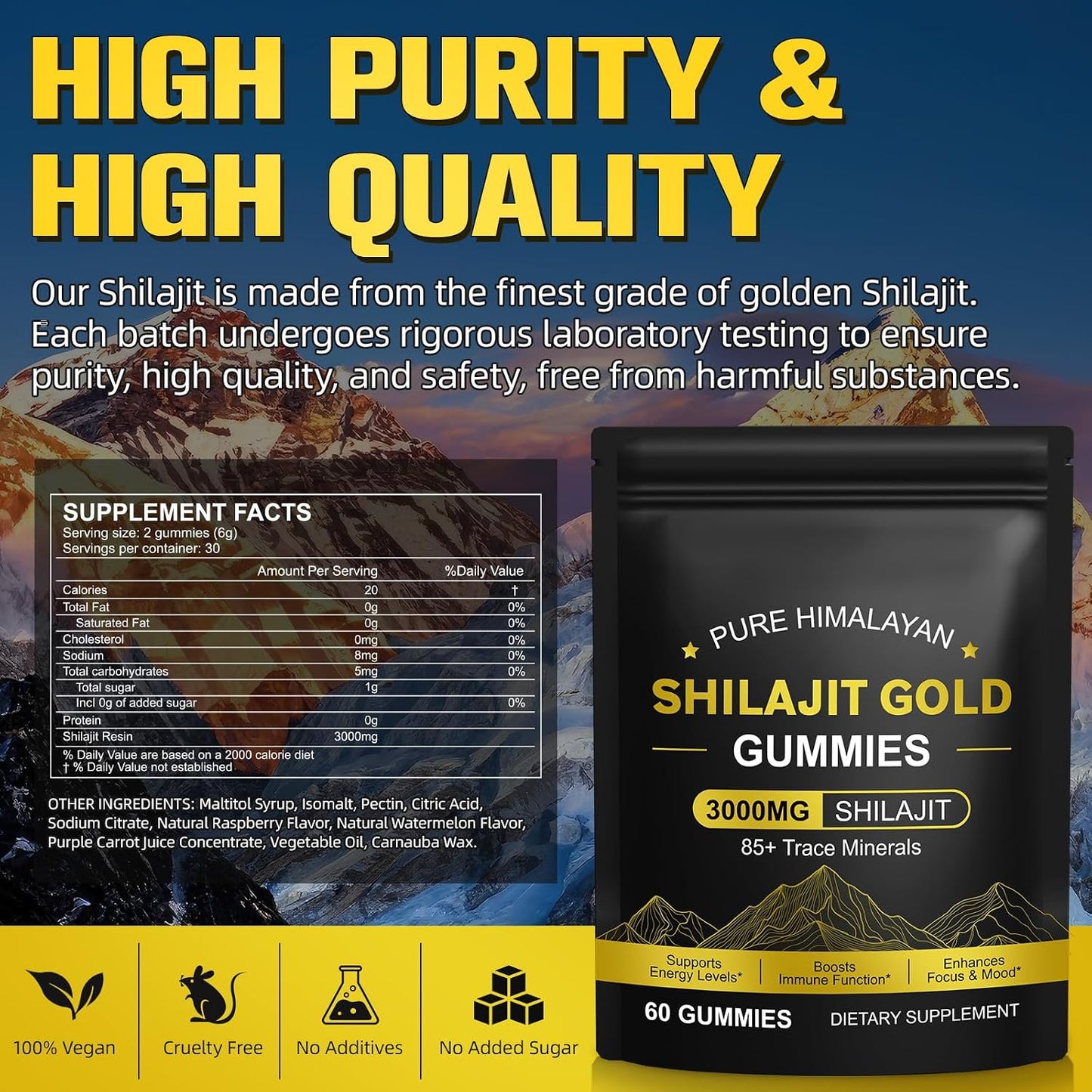Shilajit Gummies for Men & Women, 2 Pack Natural Himalayan Shilajit Gold Gummies, Rich in 85+ Trace Minerals, Energy Boost & Immune Support, Boost Your Vitality Health