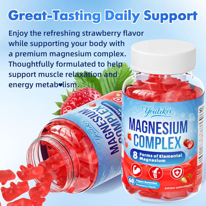 Magnesium Complex Gummies 400mg - 8 Forms for Muscle & Calm Support | Glycinate, Malate, Citrate, Taurate & 4 more for Women and Men, Sugar-free, Vegan, Strawberry Flavor, 60 Count