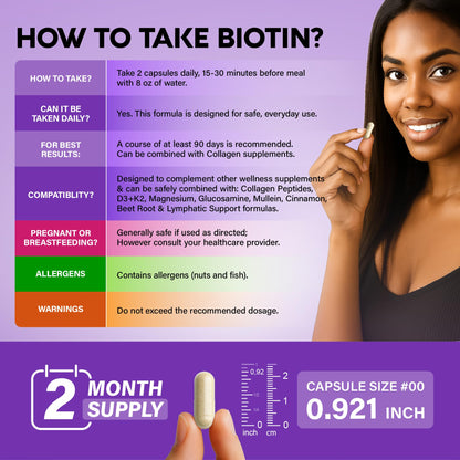 Biotin | Collagen | Hyaluronic Acid | Keratin - Hair Growth & Strength Support Vitamins - Skin & Nails Supplement - Clinically Tested for Men & Women - 25000mcg Vitamins B1, B2, B3, B6 & B7 - 60 Caps