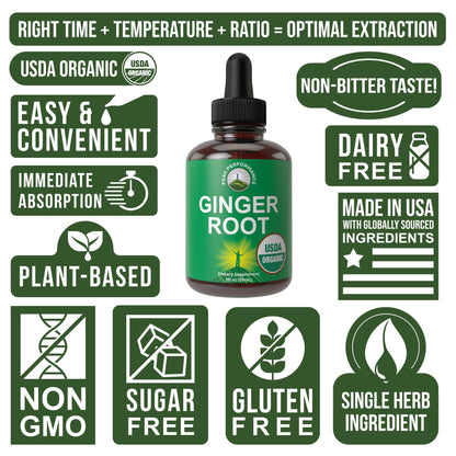 USDA Organic Ginger Root Extract Liquid Drops. Zero Sugar, Non Bitter Vegan Ginger Oil Supplement for Immune, Digestive + Gut Support. High Bioavailability, Gluten Free for Women and Men. Take Orally