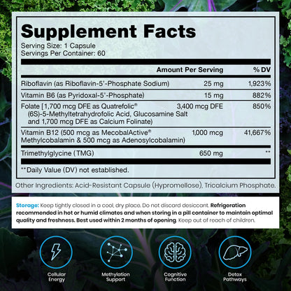 Methylated B Complex Vitamins, Made in USA, 4 Month Supply, Methyl B Complete Quatrefolic 5-MTHF Folate, B12 Methylcobalamin, TMG Trimethylglycine, Methylfolate, Pharm Grade, 120 Count