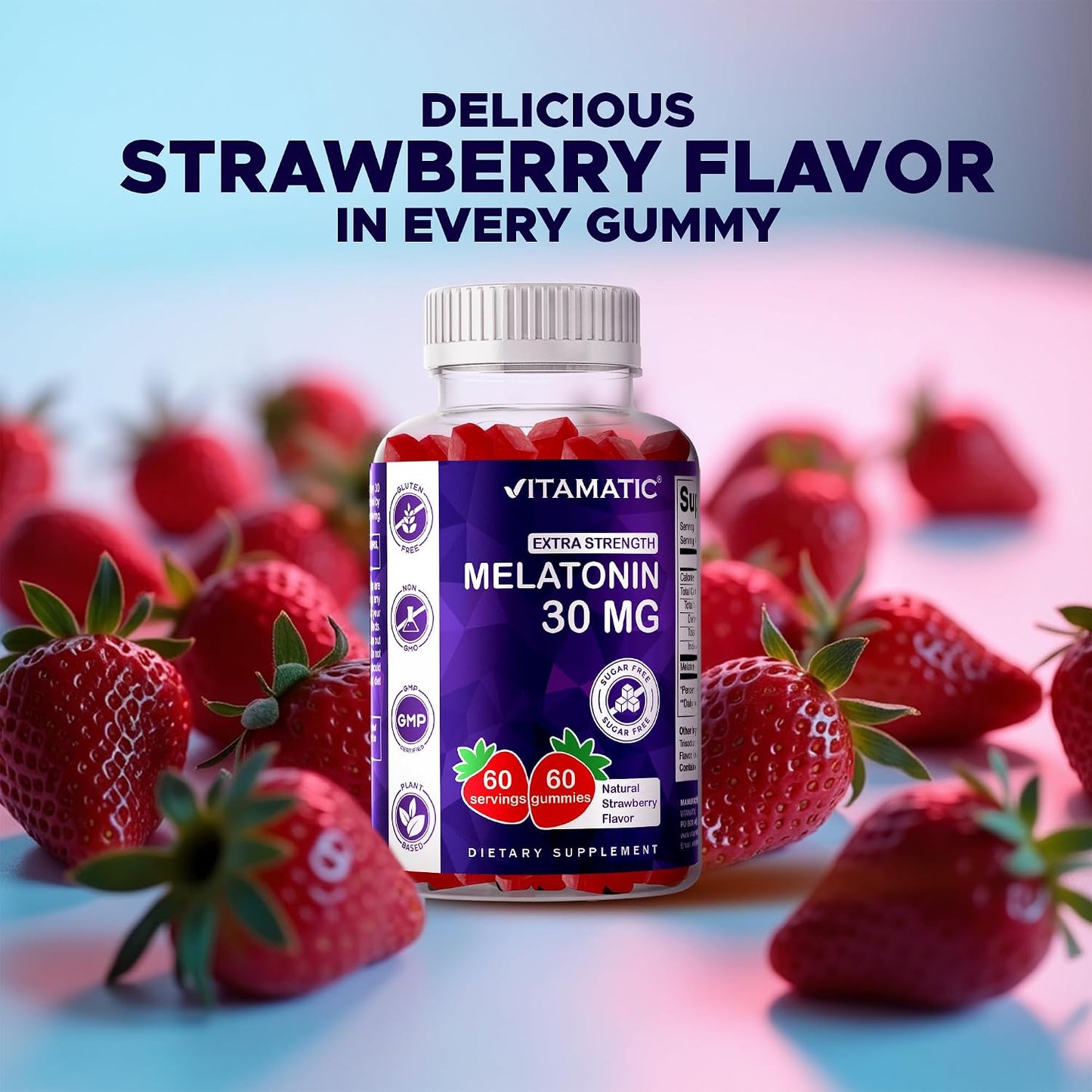 Vitamatic Extra Strength Melatonin 30 mg, 60 Gummies | Natural Strawberry Flavor, Non-Habit Forming, Non-GMO, Gluten Free, Sugar Free, Pectin Based